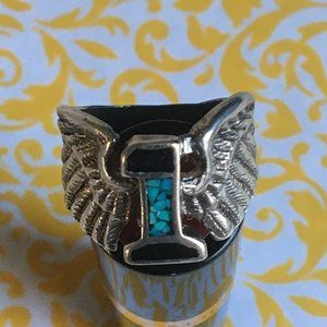 Vintage Native American Turquoise & Onix iron metal men's Ring